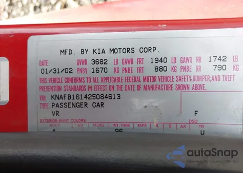 2002 Kia Spectra Gs/Gsx из США, поврежденный, VIN KNAFB161425084613